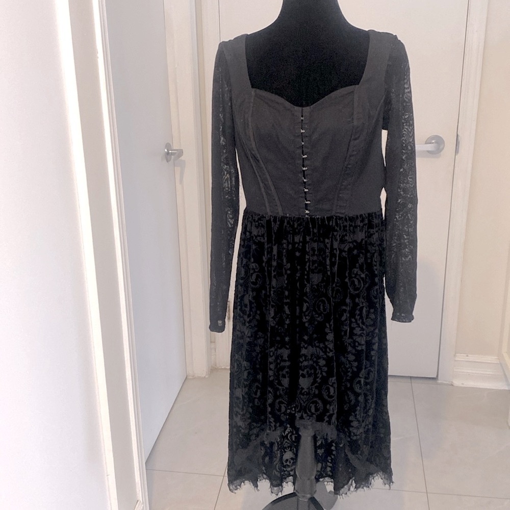 Black Lace High-Low Black Velvet Corset Midi Goth Dress Size 11
